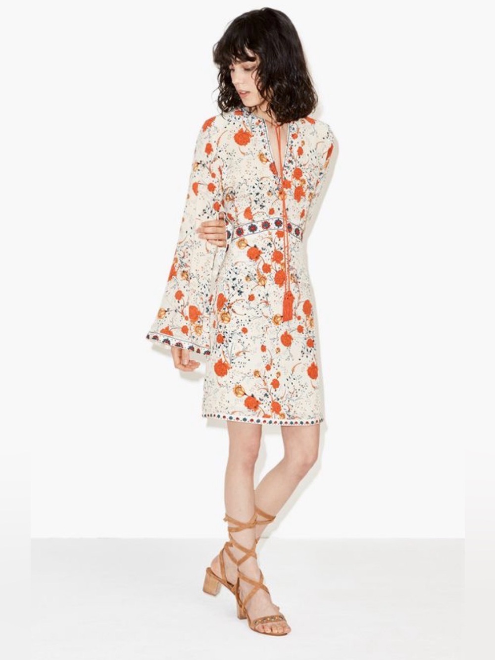 NWT The Kooples Sunrise Collection Boho Floral Bell Silk Sleeve Dress Size S